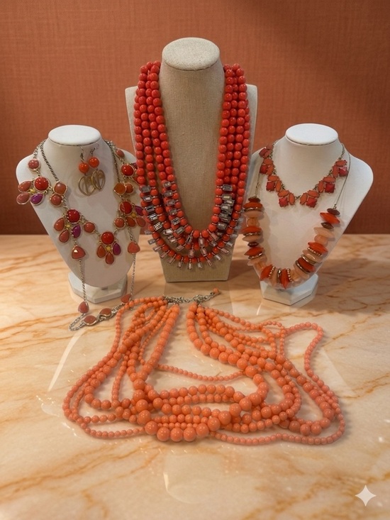 Banana Republic Chaps Icing Jewelry - Vibrant Shades of Orange Statement Jewelry Lot 6 Multi-Strand & Dainty Necklaces